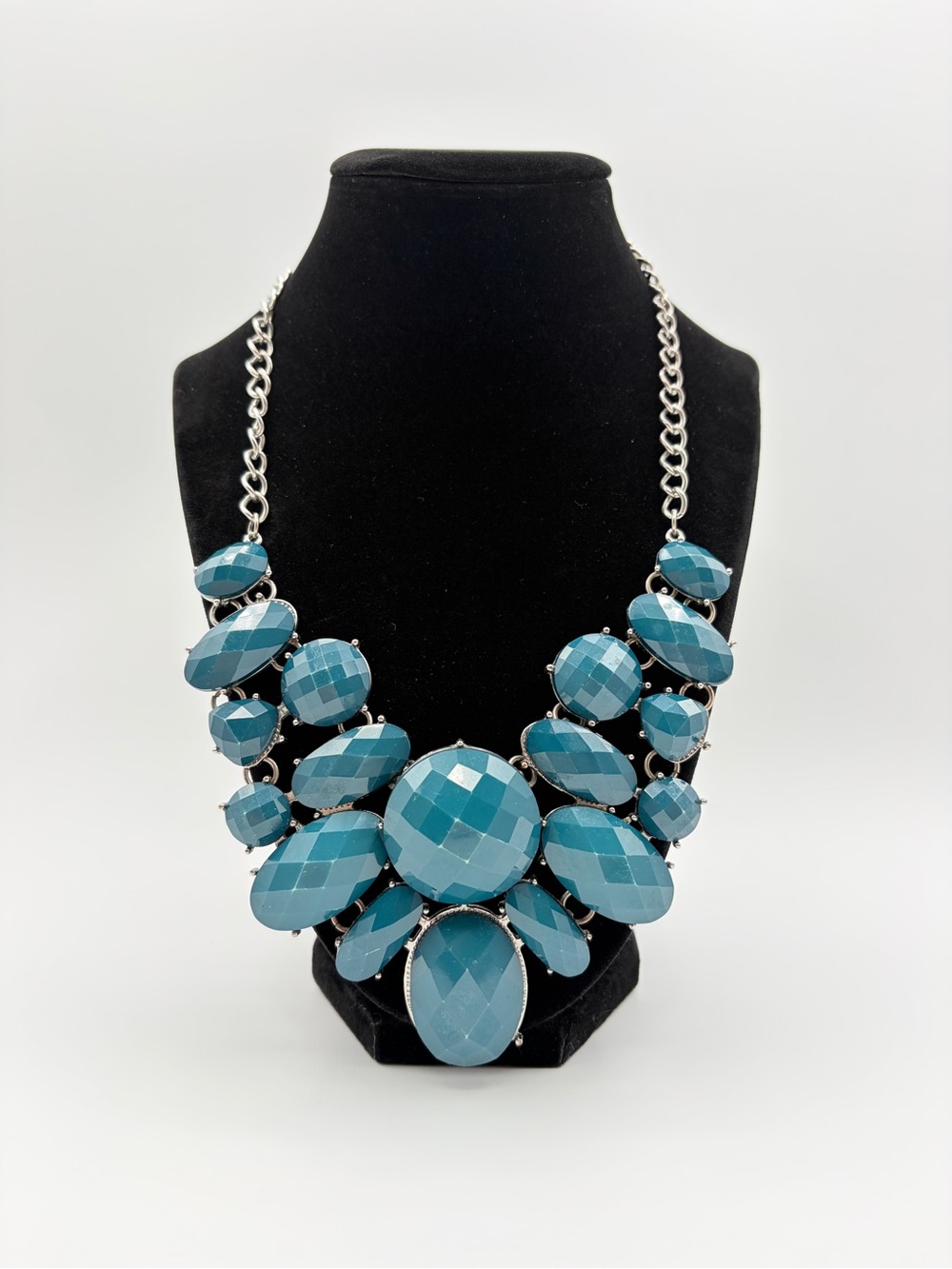 Teal Faceted Statement Bib Necklace Blue Green Chunky Collar